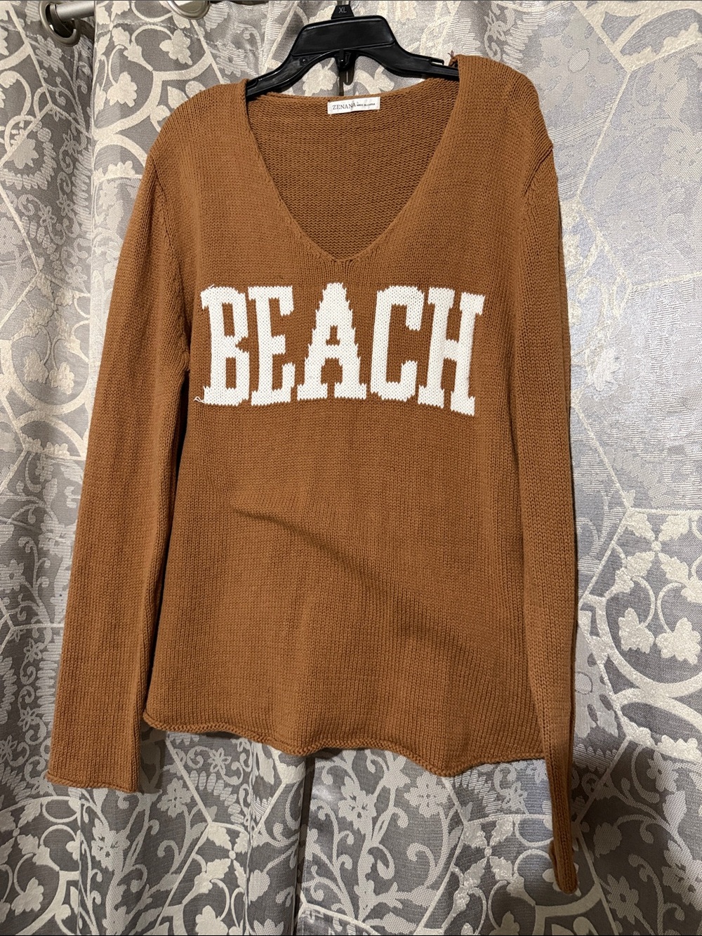 NWOT Zenana camel V-Neck 'BEACH' Knit Sweater with White Lettering